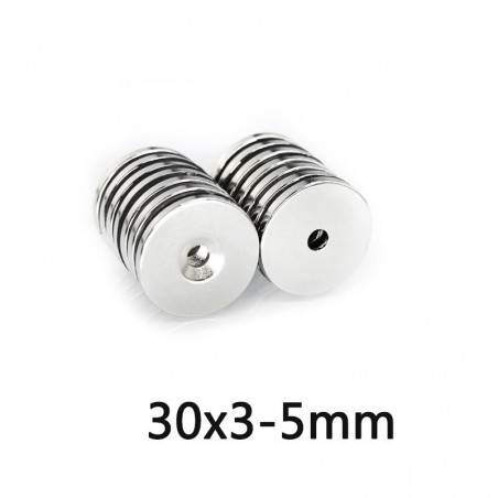 N35 - neodymium magnet - strong round countersunk - 30 * 3mm - with 5mm hole
