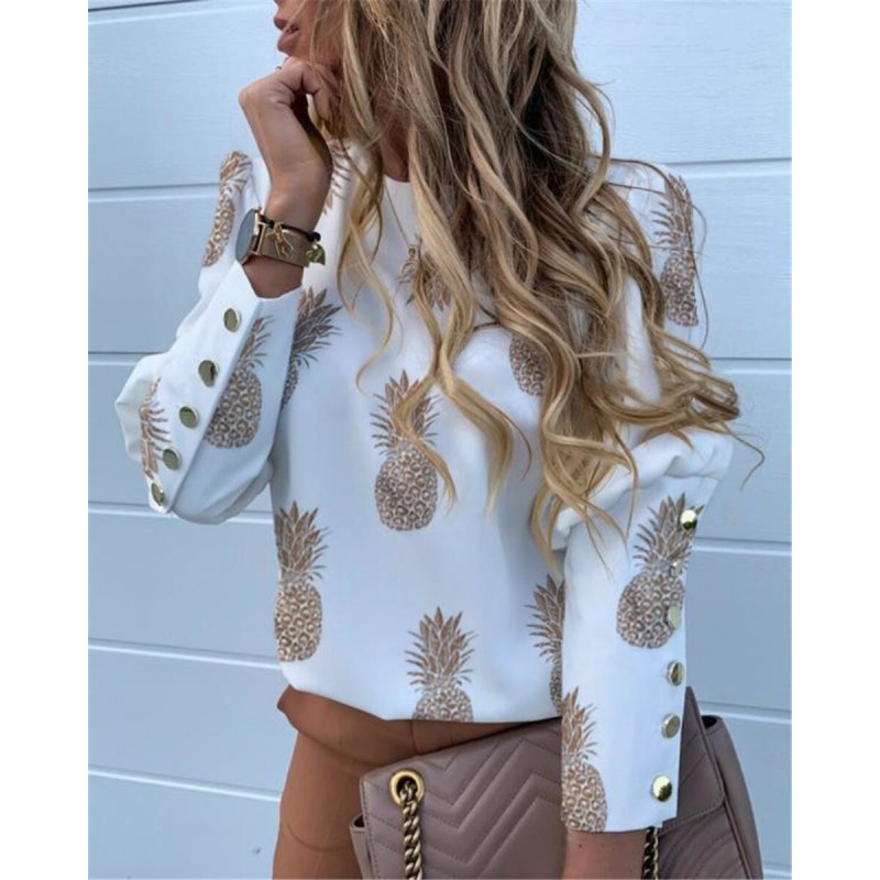 Elegant loose blouse - long sleeve shirt - with decorative buttons - pineapple print Elegant loose blouse - long sleeve shirt - with decorative buttons - pineapple print