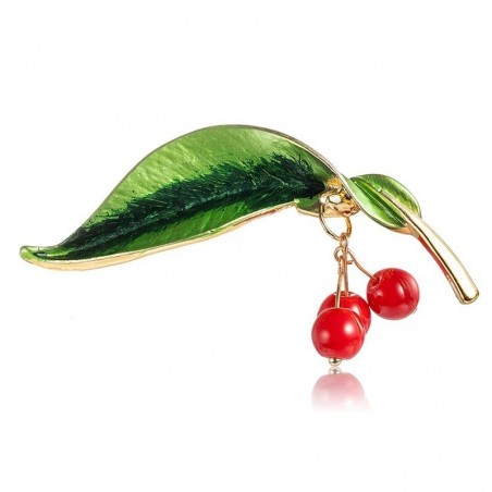 Green leaf / 3 cherries - elegant brooch