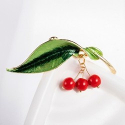 Green leaf / 3 cherries - elegant brooch
