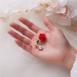 Red rose with pearl / crystal leaf - broochBrooches