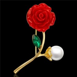 Red rose with pearl / crystal leaf - broochBrooches