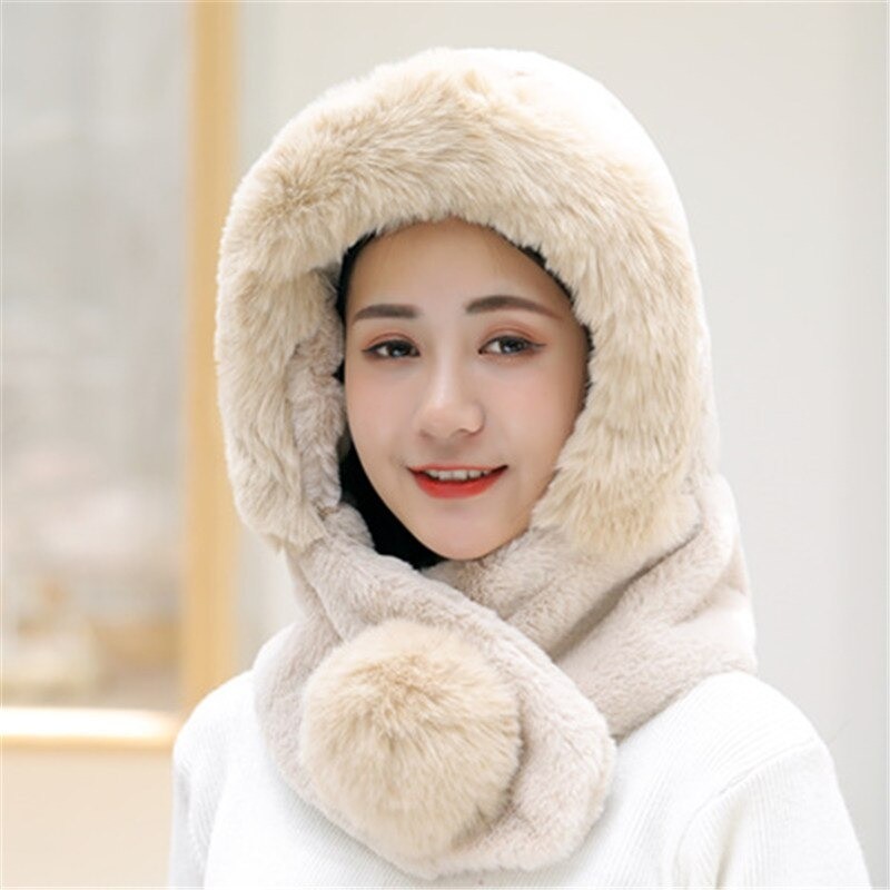 Fur winter hat with scarf - balaclava with pom pomScarves