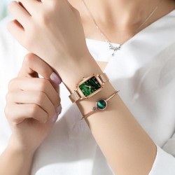 Elegant watch / with bracelet - with a green stone - stainless steel / leather