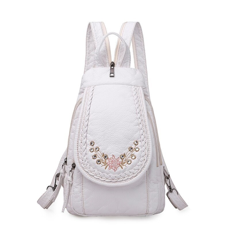 Fashionable leather backpack - cats / flowers print - white / black / pinkBackpacks