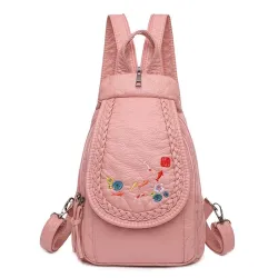 Fashionable leather backpack - cats / flowers print - white / black / pinkBackpacks