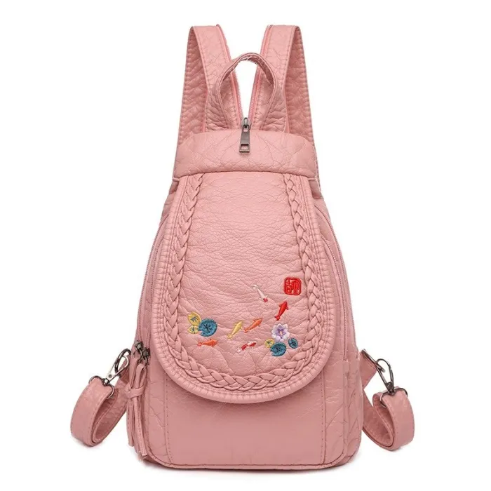 Fashionable leather backpack - cats / flowers print - white / black / pinkBackpacks