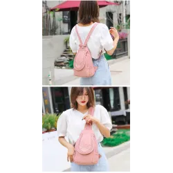 Fashionable leather backpack - cats / flowers print - white / black / pinkBackpacks
