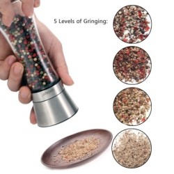Transparent herbs / salt / pepper grinder - with adjustable coarseness - stainless steel - 2 pieces