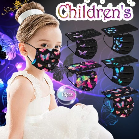 Protective face / mouth masks - disposable - 3-ply - for children - butterflies printed - 10 pieces
