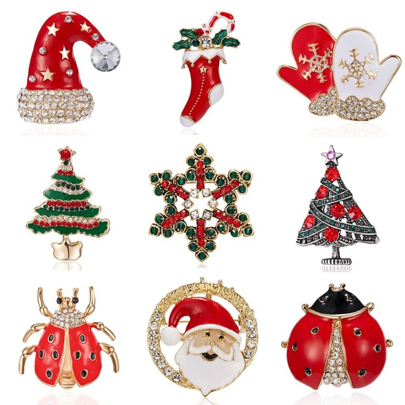 Fashionable Christmas brooches - with crystals - Santa Claus - snowflake - Christmas tree - hat - gloves