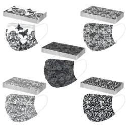 Protective face / mouth masks - disposable - 3-ply - for adults - black butterflies print - 50 pieces