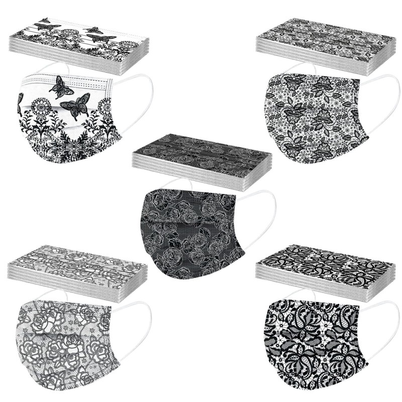 Protective face / mouth masks - disposable - 3-ply - for adults - black butterflies print - 50 pieces