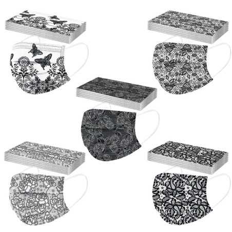 Protective face / mouth masks - disposable - 3-ply - for adults - black butterflies print - 50 pieces