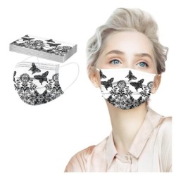 Protective face / mouth masks - disposable - 3-ply - for adults - black butterflies print - 50 pieces