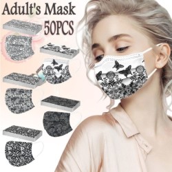 Protective face / mouth masks - disposable - 3-ply - for adults - black butterflies print - 50 pieces