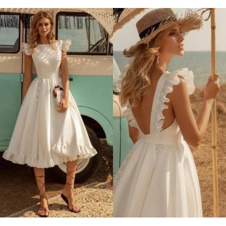 Satin white dress - knee length - sleeveless - open back - with rufflesDresses