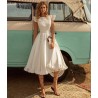 Satin white dress - knee length - sleeveless - open back - with rufflesDresses