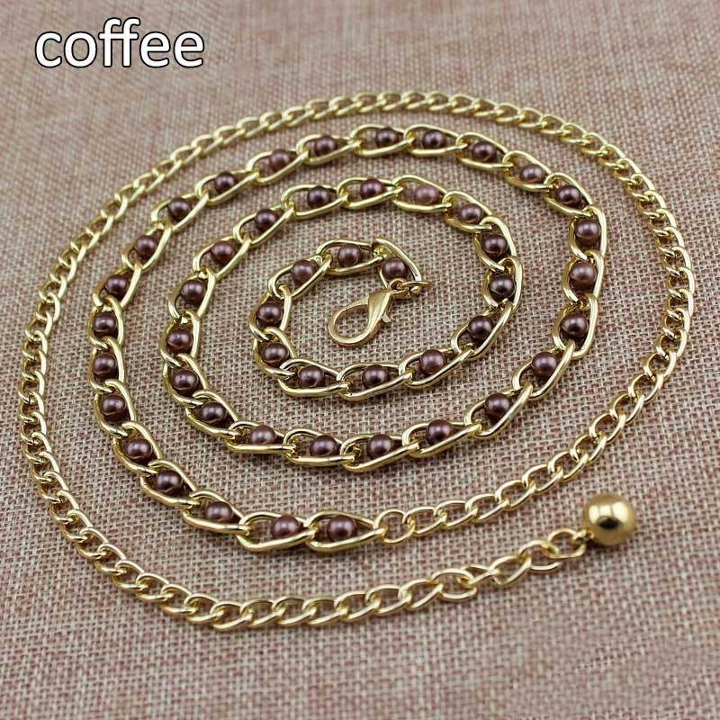 Fashionable metal belt - long thin chain - with colorful beads - adjustable