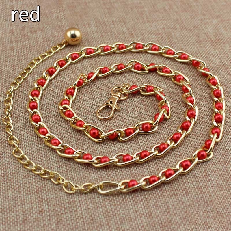 Fashionable metal belt - long thin chain - with colorful beads - adjustable