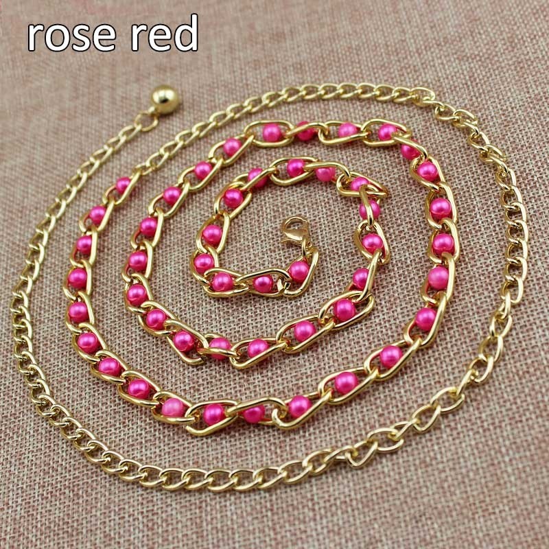 Fashionable metal belt - long thin chain - with colorful beads - adjustable