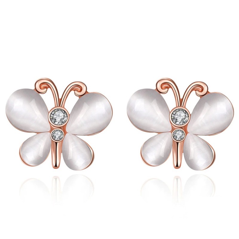 Rose gold stud earrings - with crystals / white opal - butterfly shapedEarrings