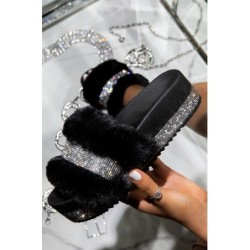 Luxurious fur slippers - with rhinestones - platform on the wedge - profiled insole