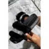 Luxurious fur slippers - with rhinestones - platform on the wedge - profiled insole