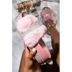 Luxurious fur slippers - with rhinestones - platform on the wedge - profiled insole