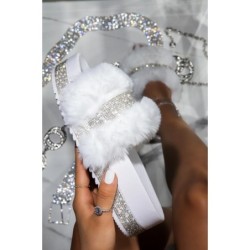 Luxurious fur slippers - with rhinestones - platform on the wedge - profiled insole