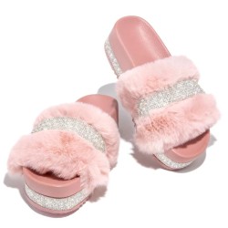 Luxurious fur slippers - with rhinestones - platform on the wedge - profiled insole