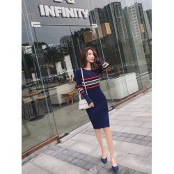 Elegant striped pencil dress - with long sleeveDresses