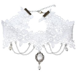 Colar curto de renda branca na moda - com correntes / pérolas - estilo gótico