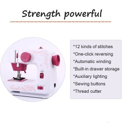 Mini electric sewing machine - dual speed - double threads - leaves / birds patternTextile