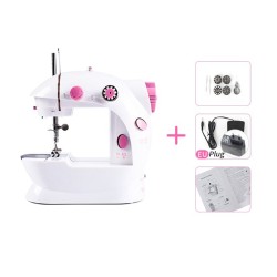 Mini máquina de costura portátil - com pedal - linhas duplas - LED - rosa