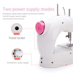 Mini máquina de costura portátil - com pedal - linhas duplas - LED - rosa