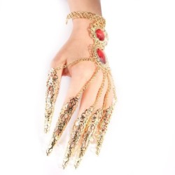 Anel de cinco dedos - com correntes - pulseira de ouro - flores ocas / cristais vermelhos