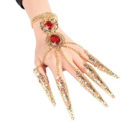 Anel de cinco dedos - com correntes - pulseira de ouro - flores ocas / cristais vermelhos