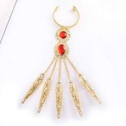 Anel de cinco dedos - com correntes - pulseira de ouro - flores ocas / cristais vermelhos