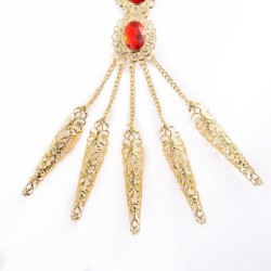Anel de cinco dedos - com correntes - pulseira de ouro - flores ocas / cristais vermelhos