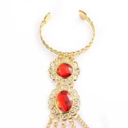 Anel de cinco dedos - com correntes - pulseira de ouro - flores ocas / cristais vermelhos