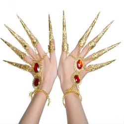 Anel de cinco dedos - com correntes - pulseira de ouro - flores ocas / cristais vermelhos