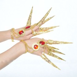 Anel de cinco dedos - com correntes - pulseira de ouro - flores ocas / cristais vermelhos