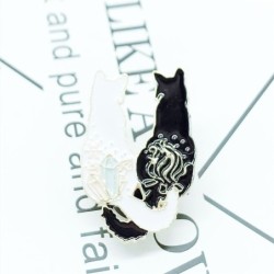 Broche de esmalte na moda - gato duplo branco / preto - alfinete