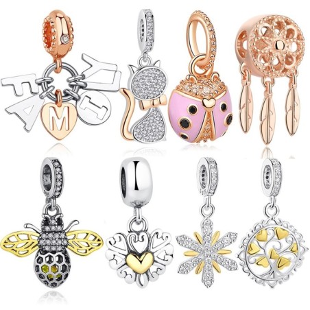 Encantos luxuosos para pulseiras / colares - prata esterlina 925 - abelha / árvore genealógica / gato