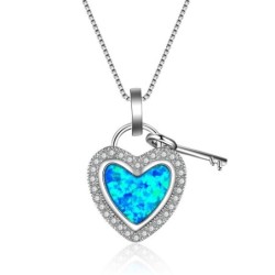 Heart shaped pendant with blue opal / crystals / key - with chainNecklaces