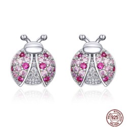 Brincos com joaninha - zircônias rosa - prata 925