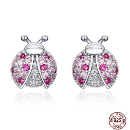 Brincos com joaninha - zircônias rosa - prata 925