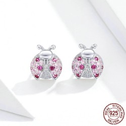 Brincos com joaninha - zircônias rosa - prata 925