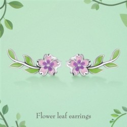 Flor rosa púrpura/folha verde - brincos elegantes - prata de lei 925